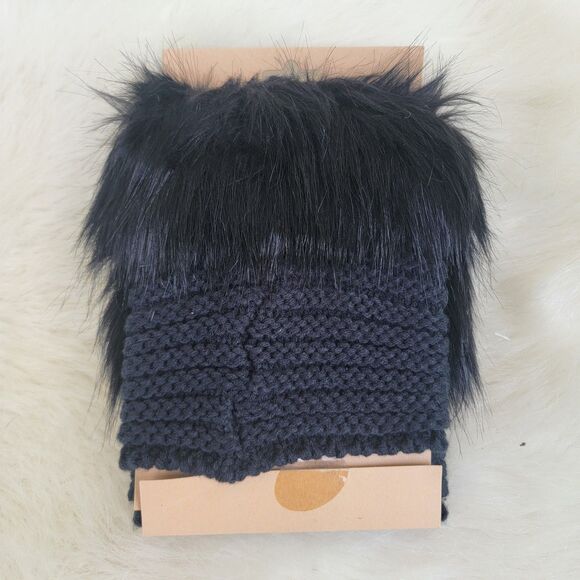 Bearpaw Textured Knit Boot Topper with Faux Fur One Size Cable Knit Black Winter - Picture 2 of 2